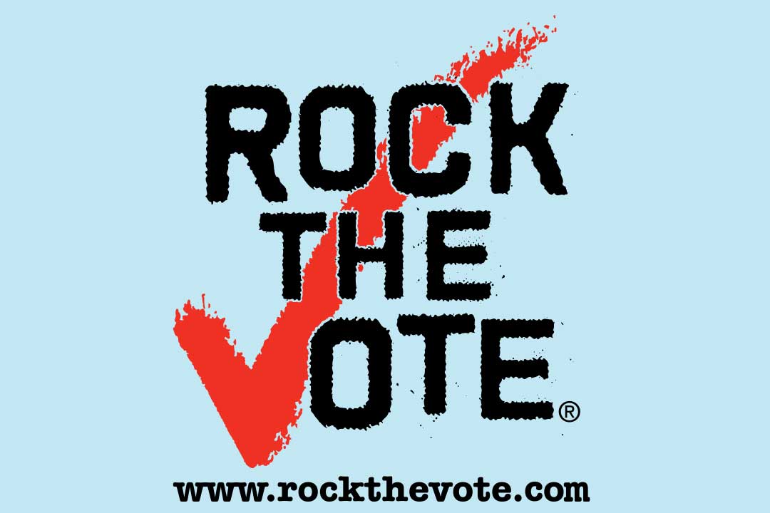 Znak Rock the Vote i zaznaczenie na czerwono.